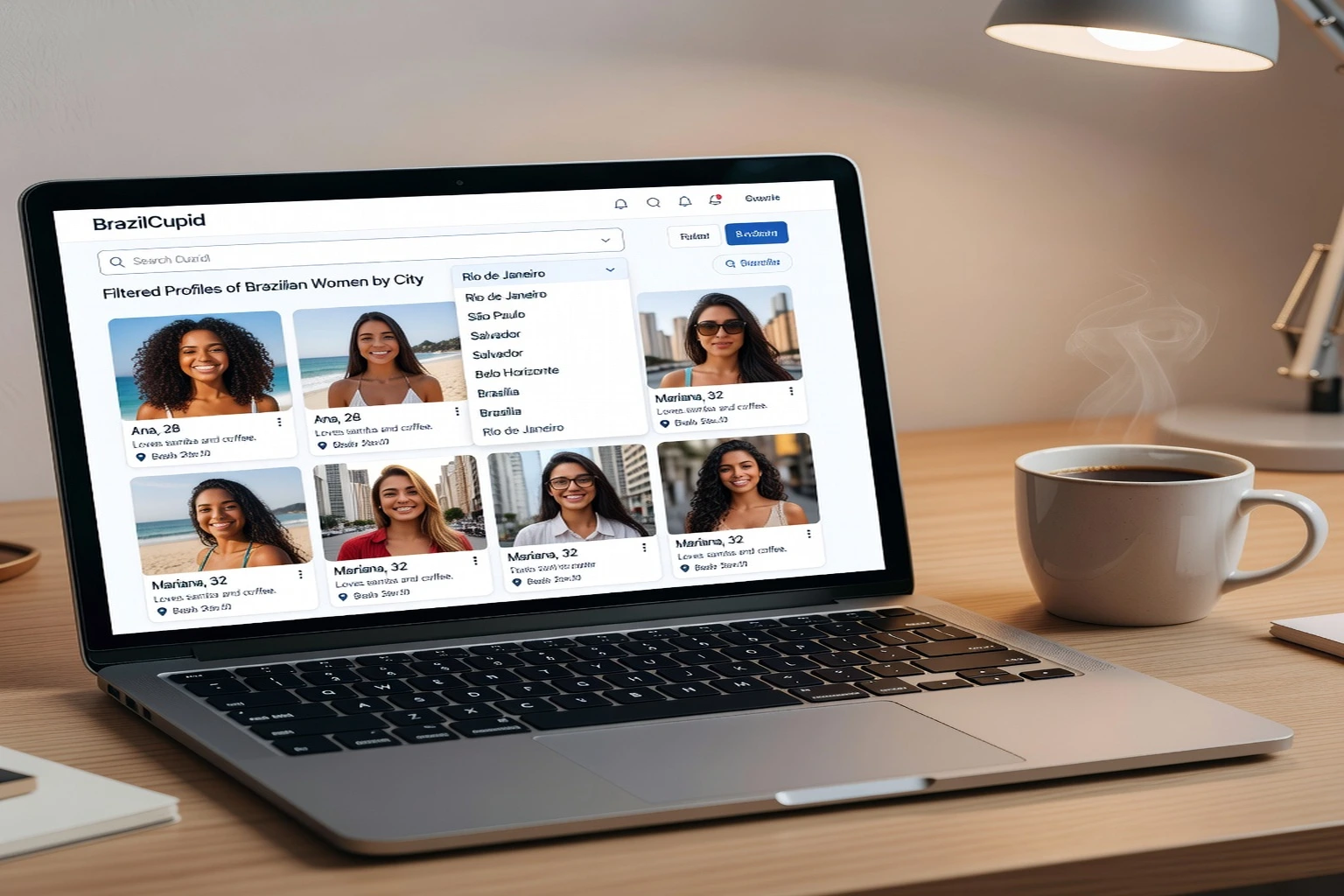 Interface de recherche avancée sur BrazilCupid montrant des profils brésiliens filtrés par ville