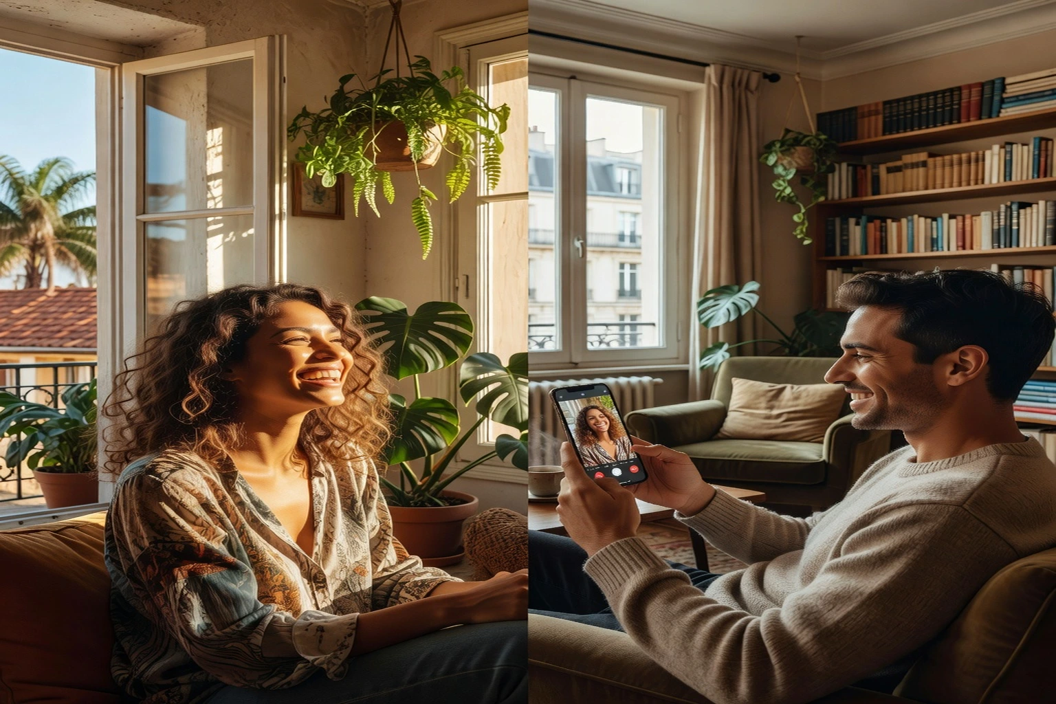 Appel vidéo entre un couple franco-brésilien dans un salon moderne