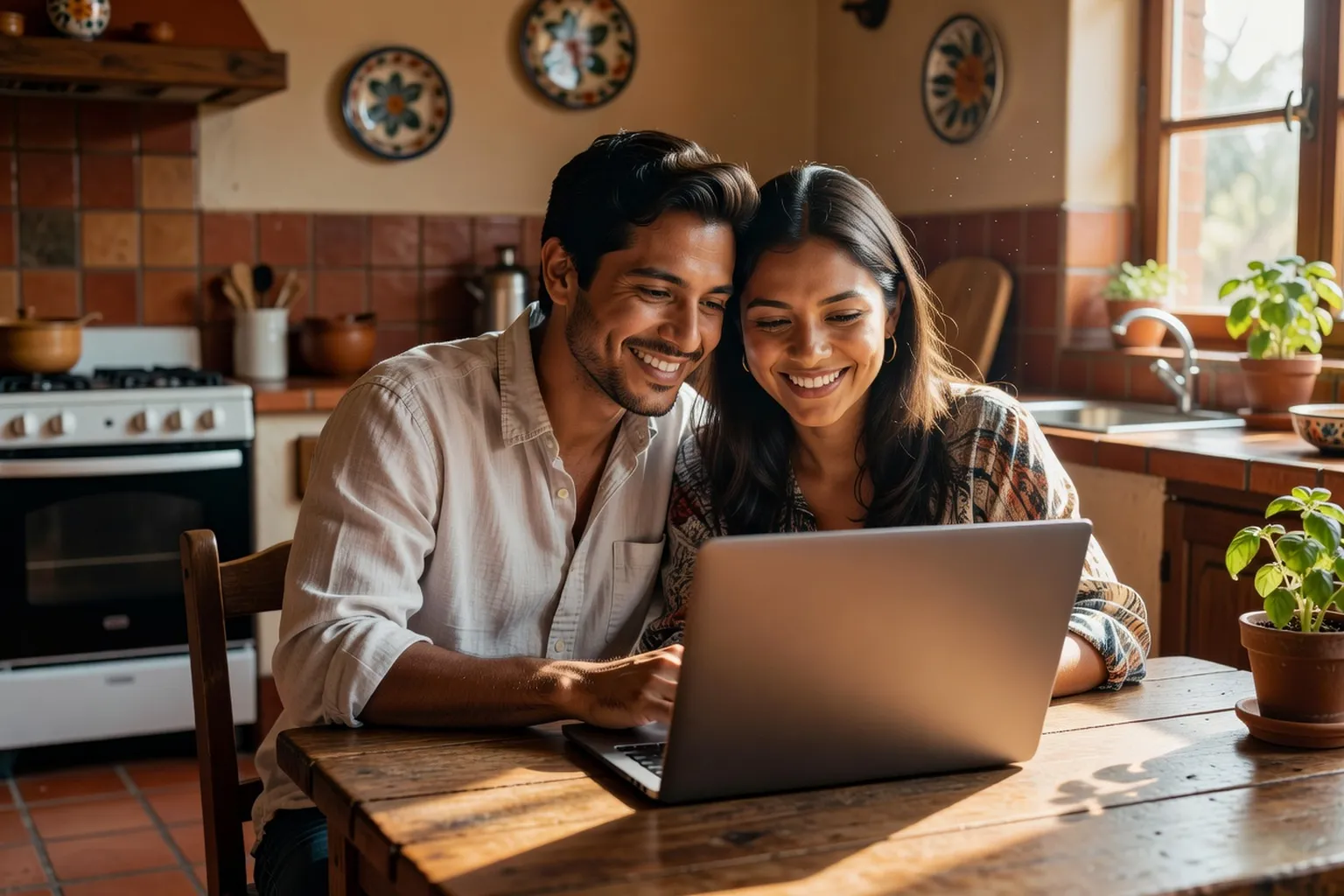 Couple latino consultant un ordinateur portable ensemble dans une cuisine chaleureuse