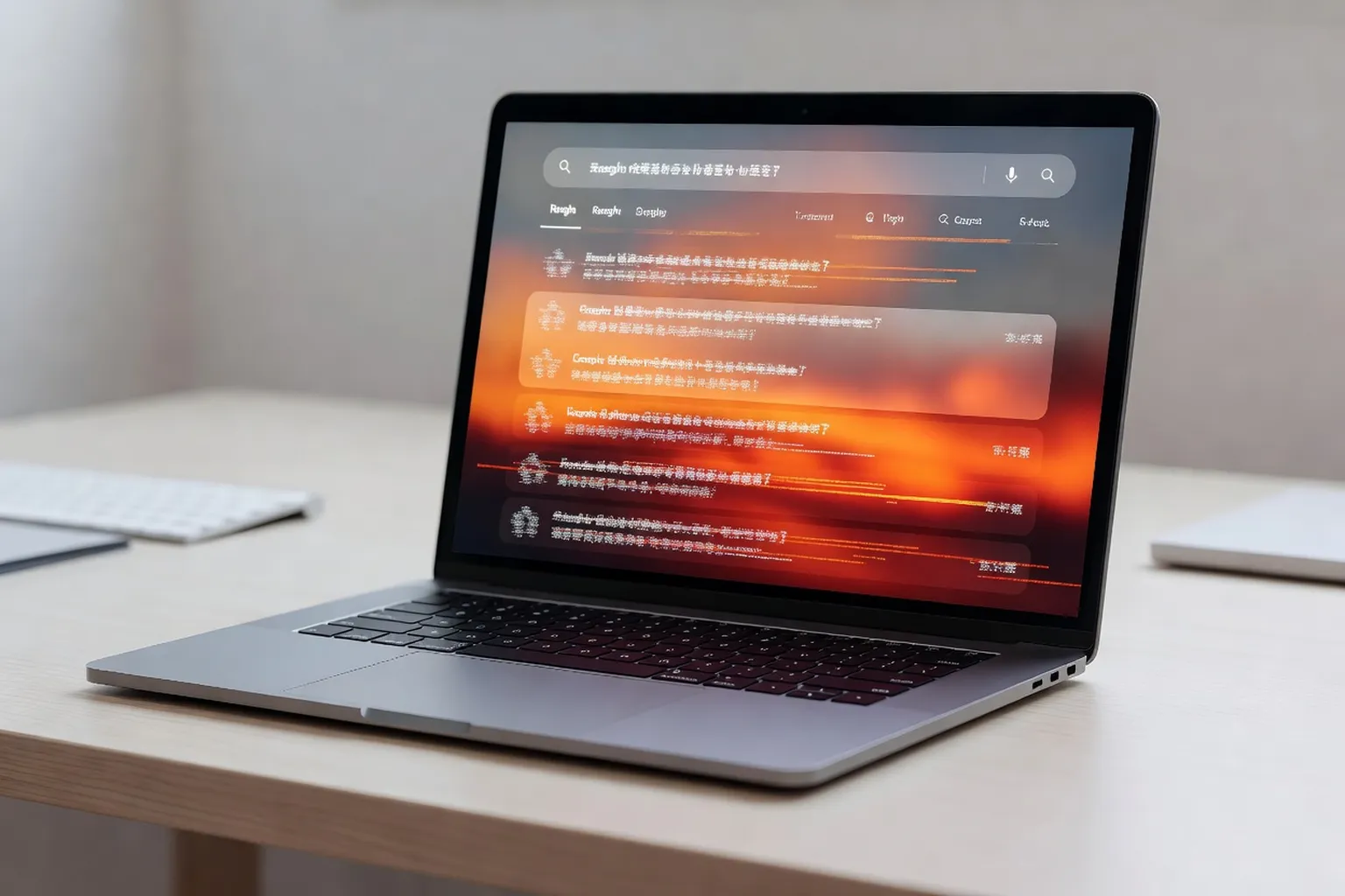 Mockup de page de résultats de recherche flou avec encadrés orange et rouge sur ordinateur portable