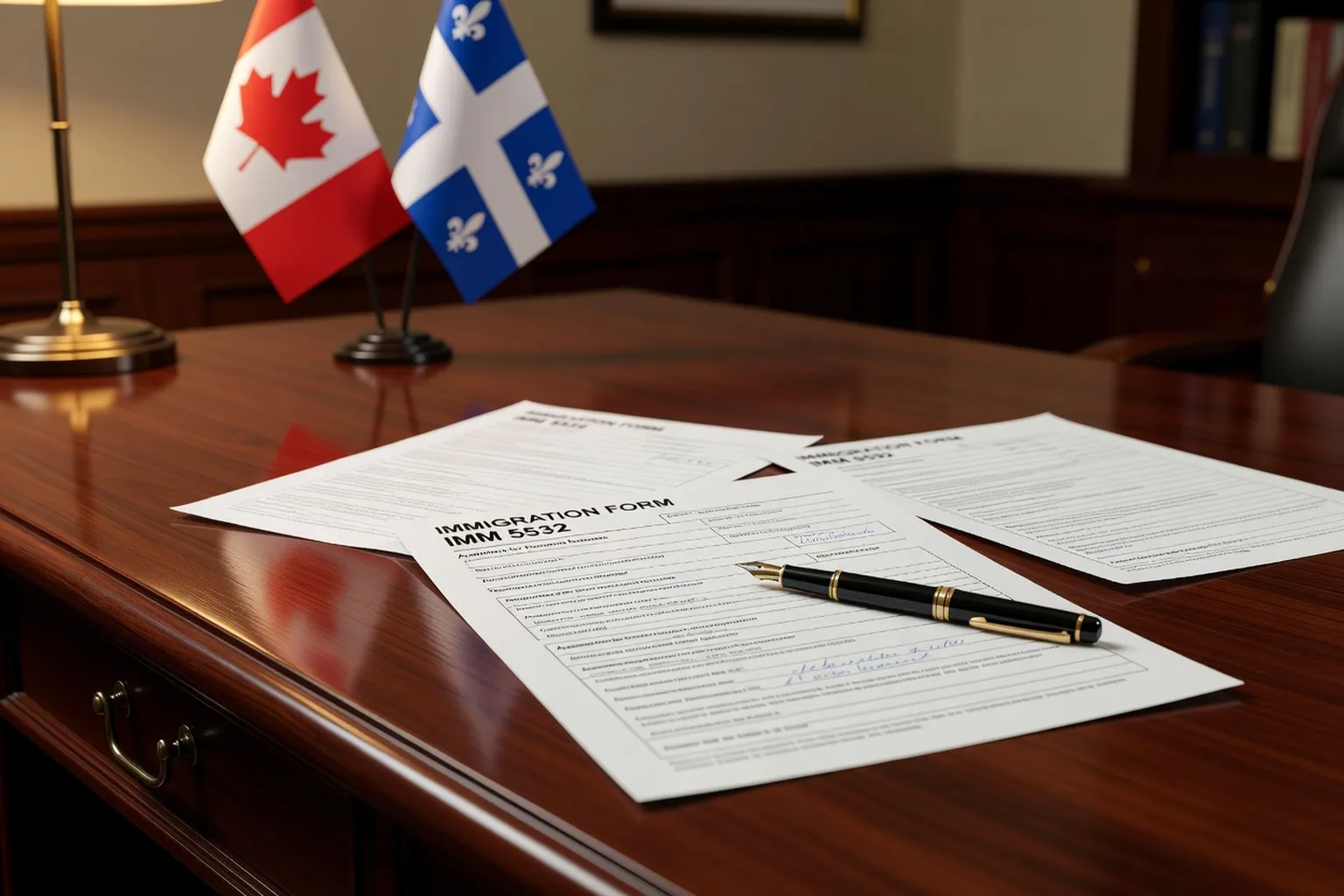 Documents legaux d'immigration sur bureau d'avocat Montreal, drapeau Quebec et Canada