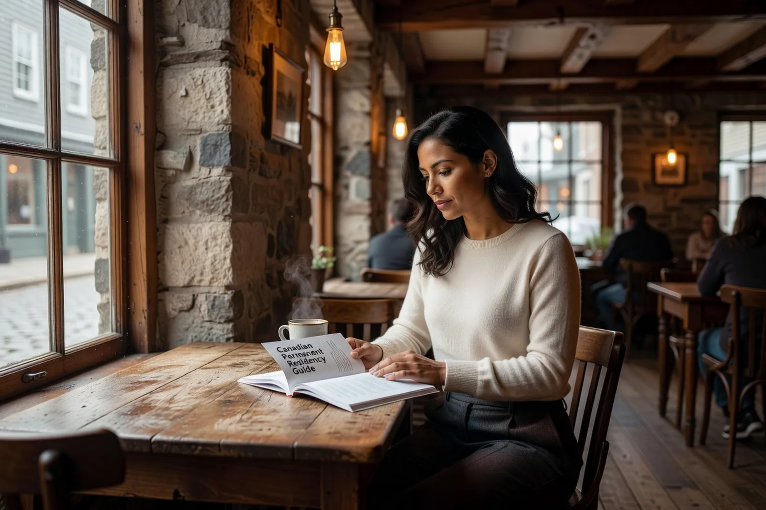 Femme colombienne lisant un guide d'immigration dans un cafe du Vieux-Quebec