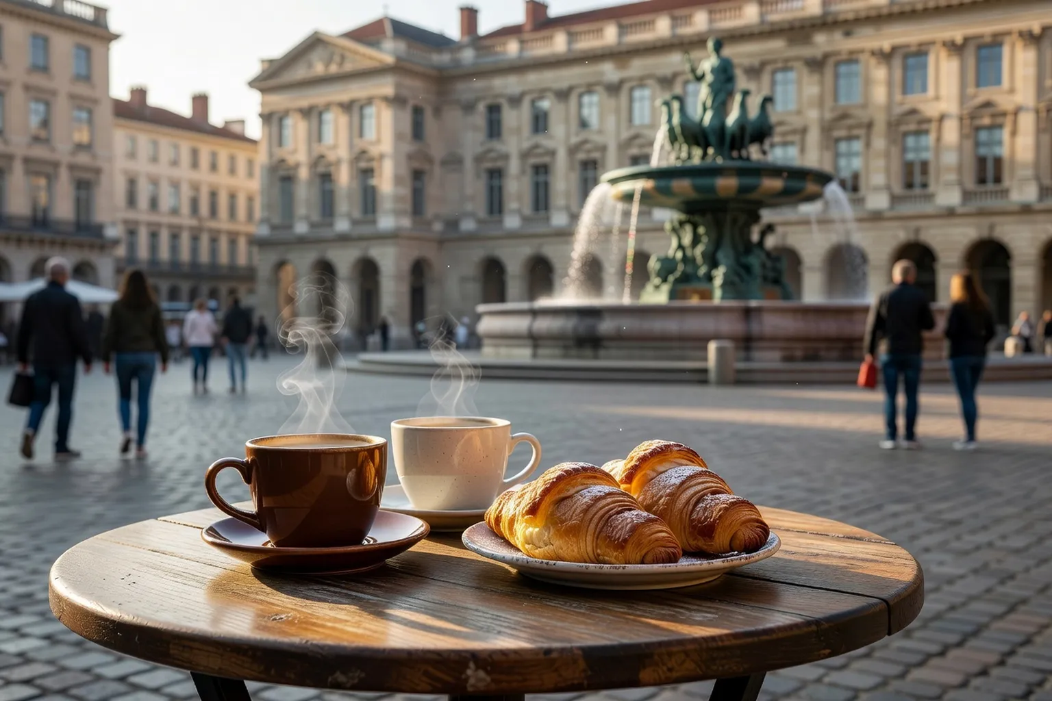 Cafe lyonnais le matin avec croissants, ambiance Place des Terreaux