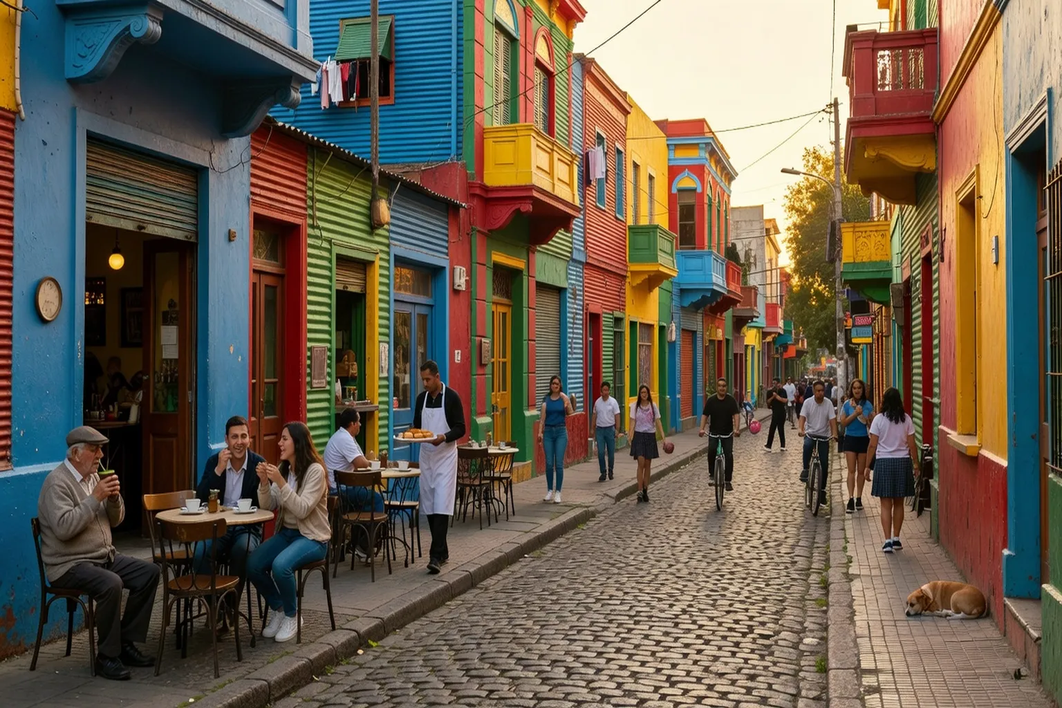 Immeubles colorés et rues pavées du quartier de San Telmo à Buenos Aires en fin de journée