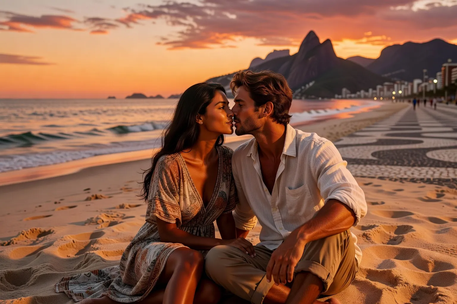 Couple latino chuchotant mots d'amour sur la plage