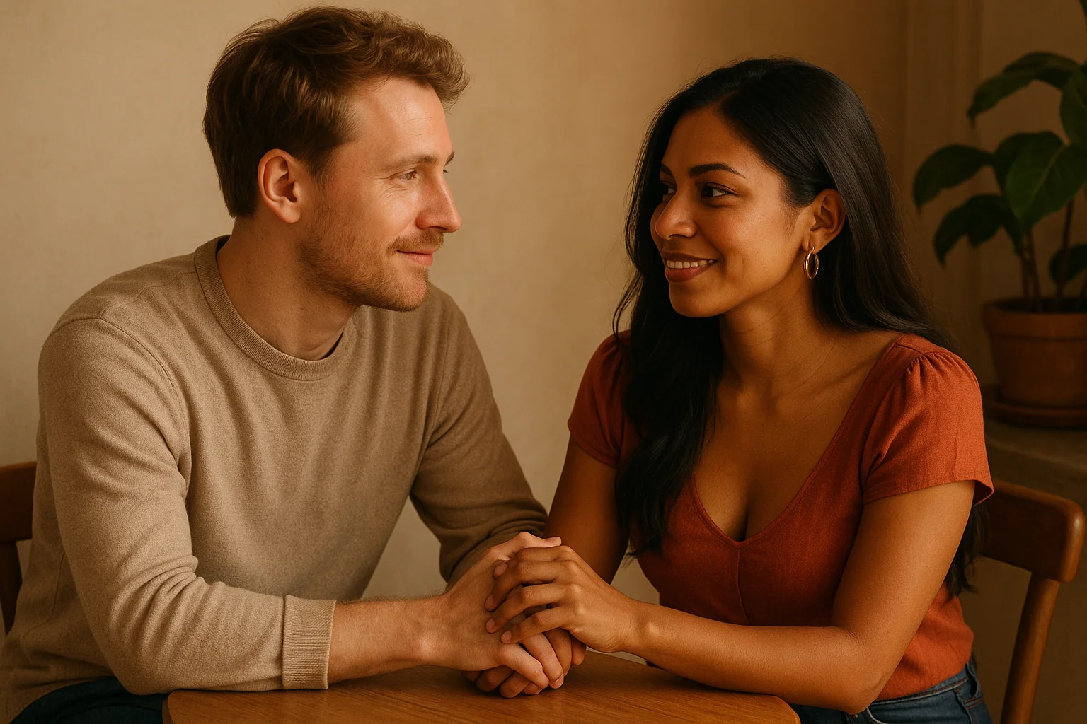 Couple mixte occidental et femme latine échangeant dans un café chaleureux