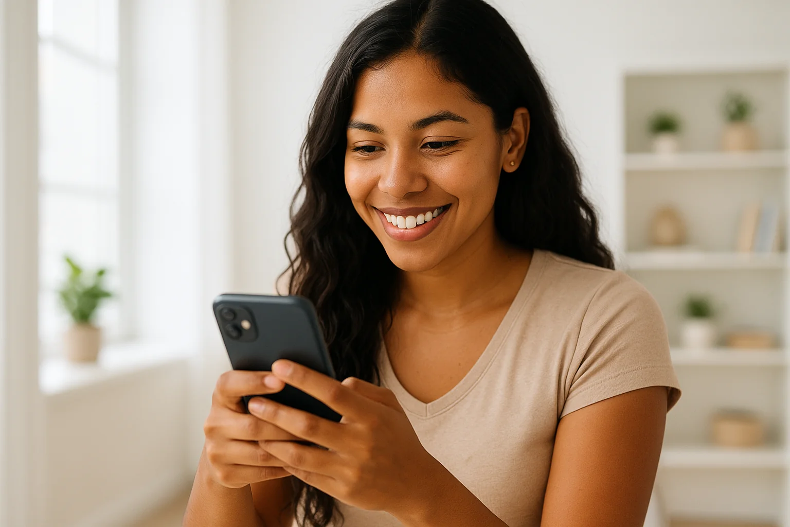 Femme latine souriante utilisant son smartphone avant un premier rendez-vous