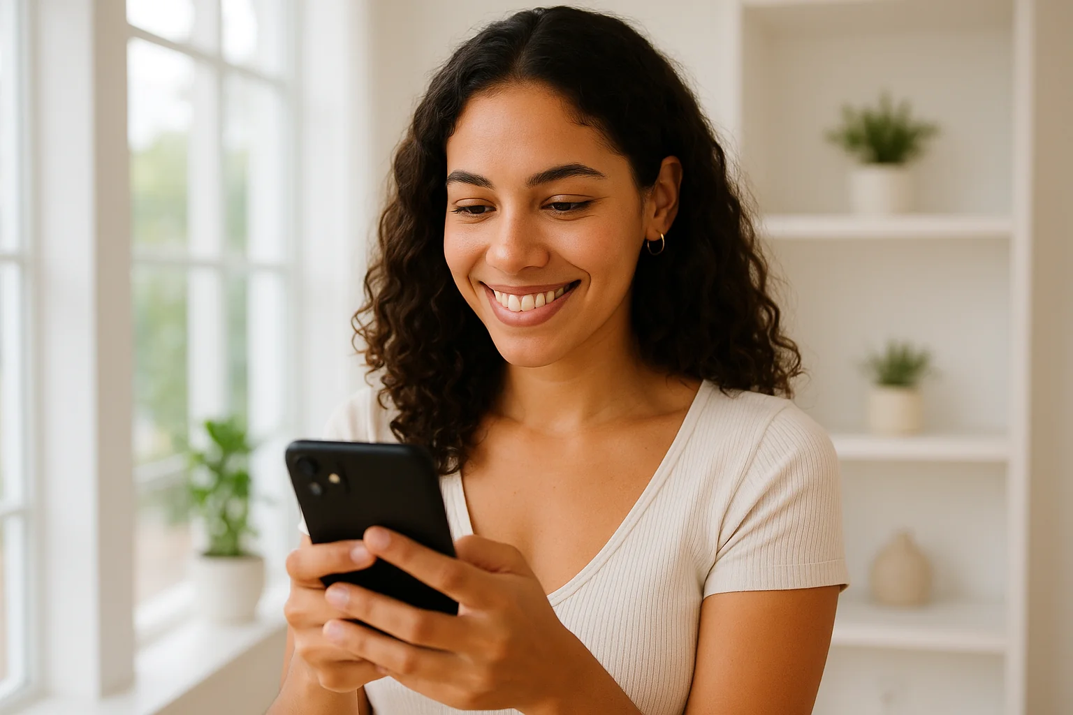 Femme cubaine consultant son smartphone dans un intérieur lumineux