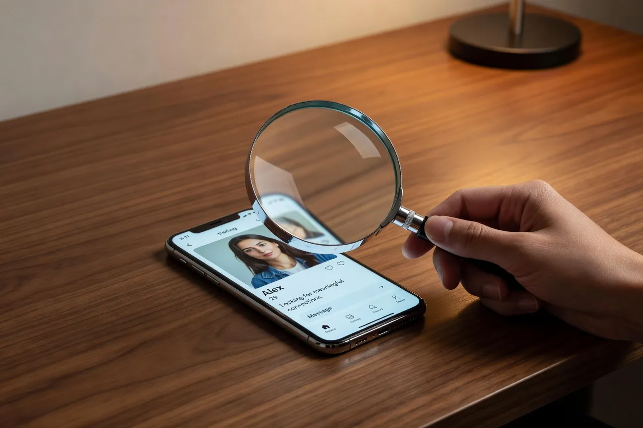 Loupe sur écran de smartphone avec profil de rencontre, concept investigation