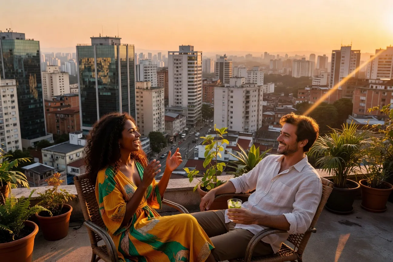Couple franco-brésilien souriant ensemble sur un rooftop de São Paulo au coucher du soleil