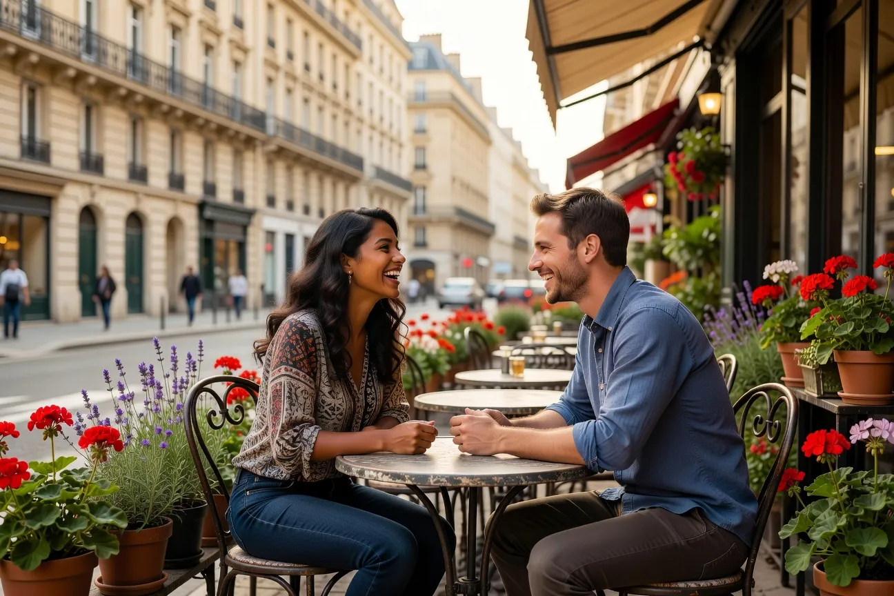 Femme colombienne et homme français en rendez-vous dans un café parisien en terrasse