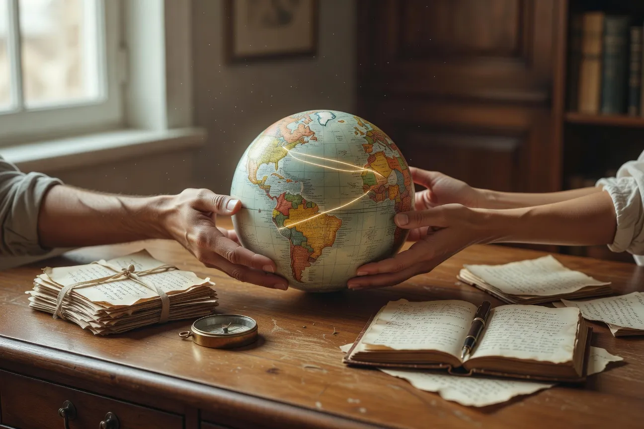 Mains tenant un globe terrestre avec France et Amérique du Sud mis en valeur