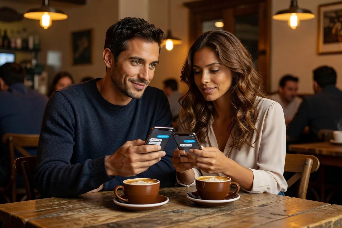 Mains d'un homme français et d'une femme latine échangeant des messages sur smartphones dans un café