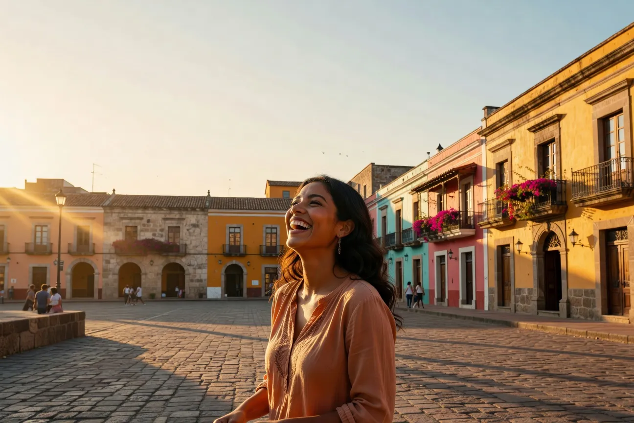 Femme latine riant sincèrement en plein air sur une place coloniale colorée, lumière dorée