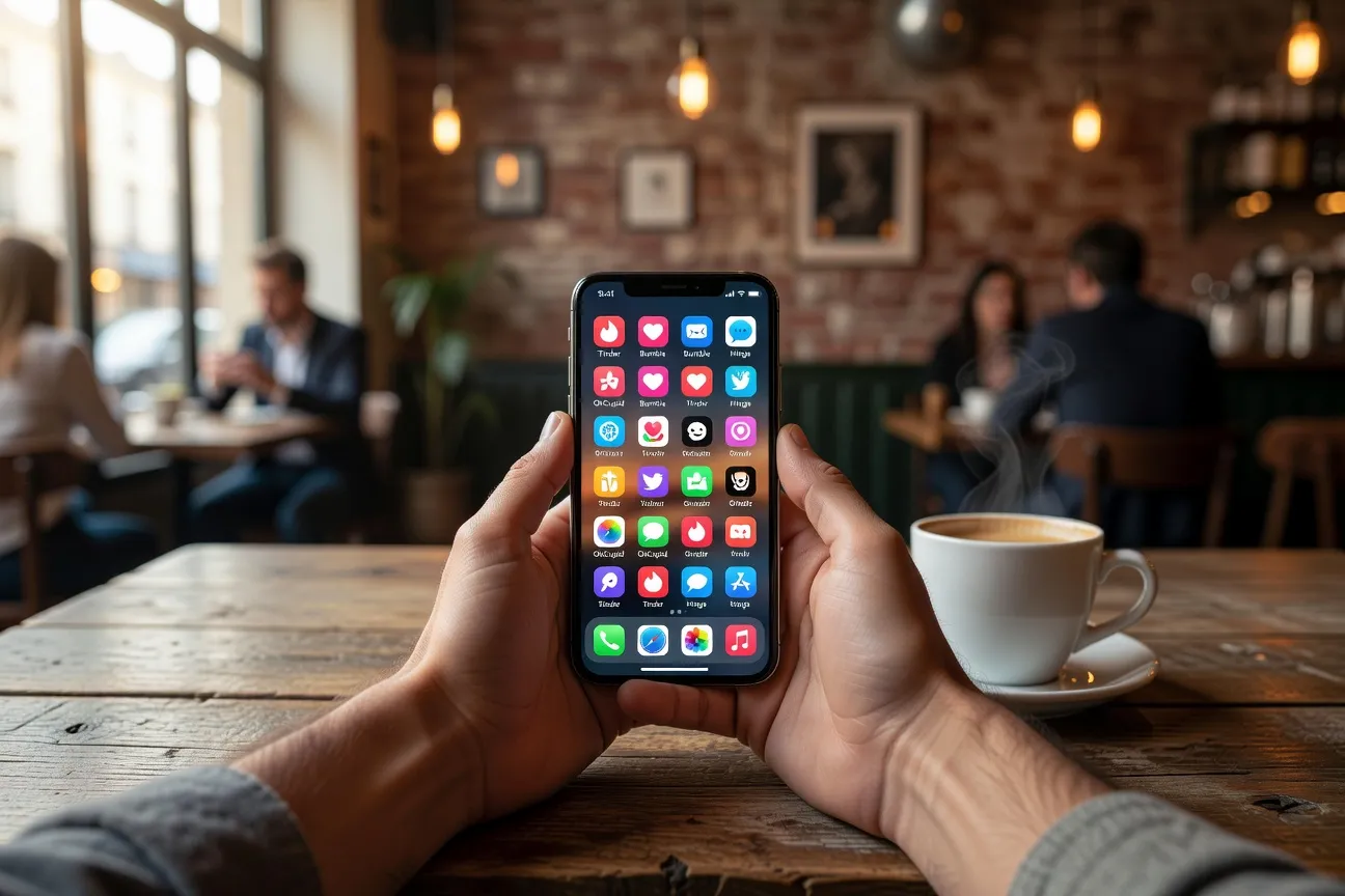 Comparaison d'applications de rencontre brésiliennes sur smartphone dans un café