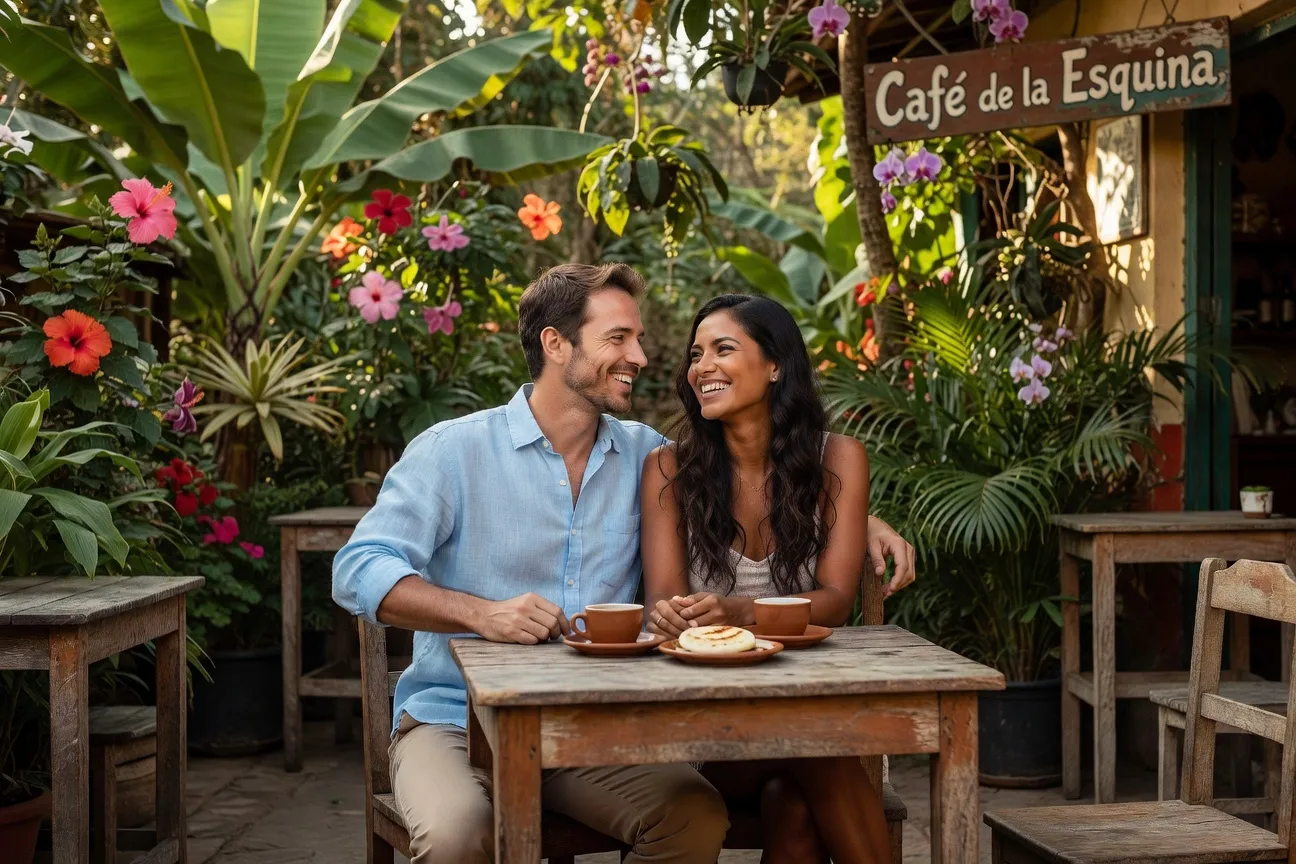 Couple franco-colombien souriant ensemble dans un café en plein air à Medellín