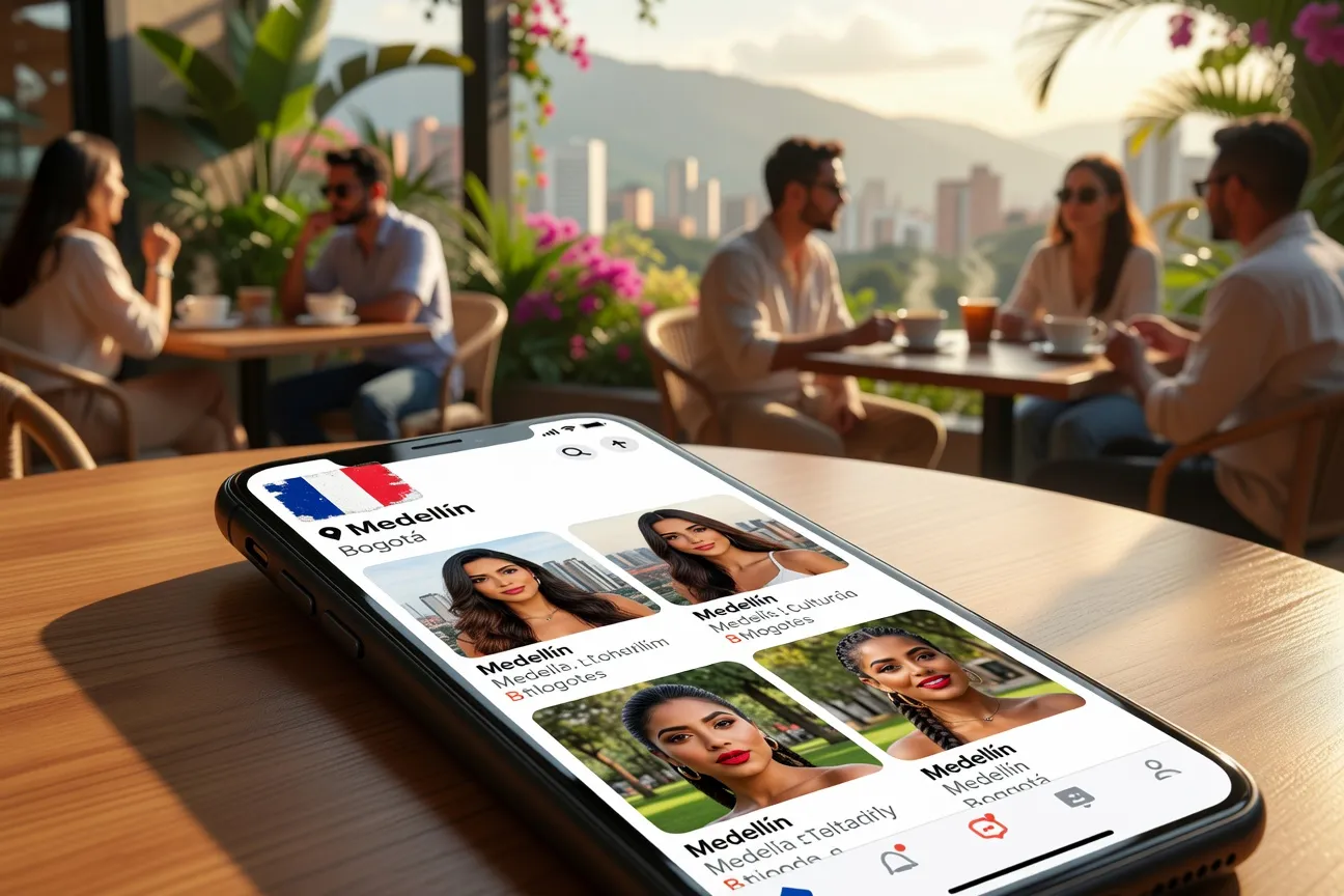 Interface Tinder affichant des profils en Amérique Latine avec drapeau français sur la coque du téléphone