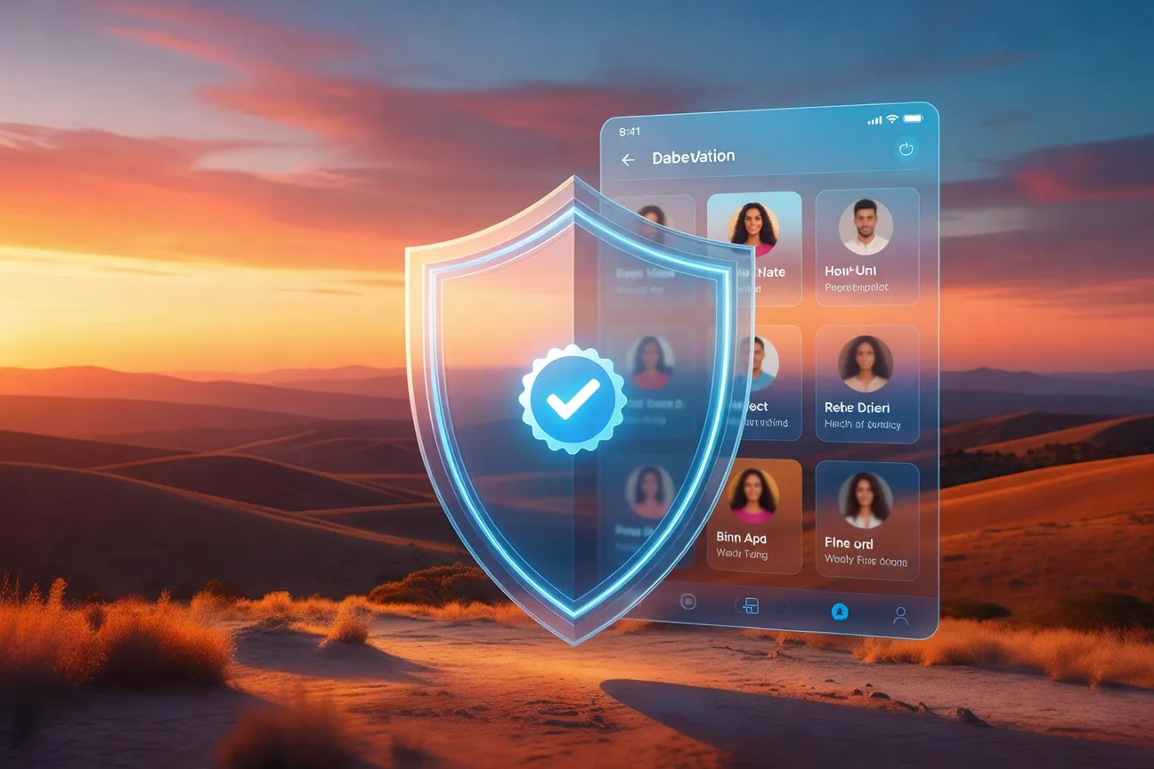 Bouclier avec badge de vérification sur application de rencontre, concept sécurité