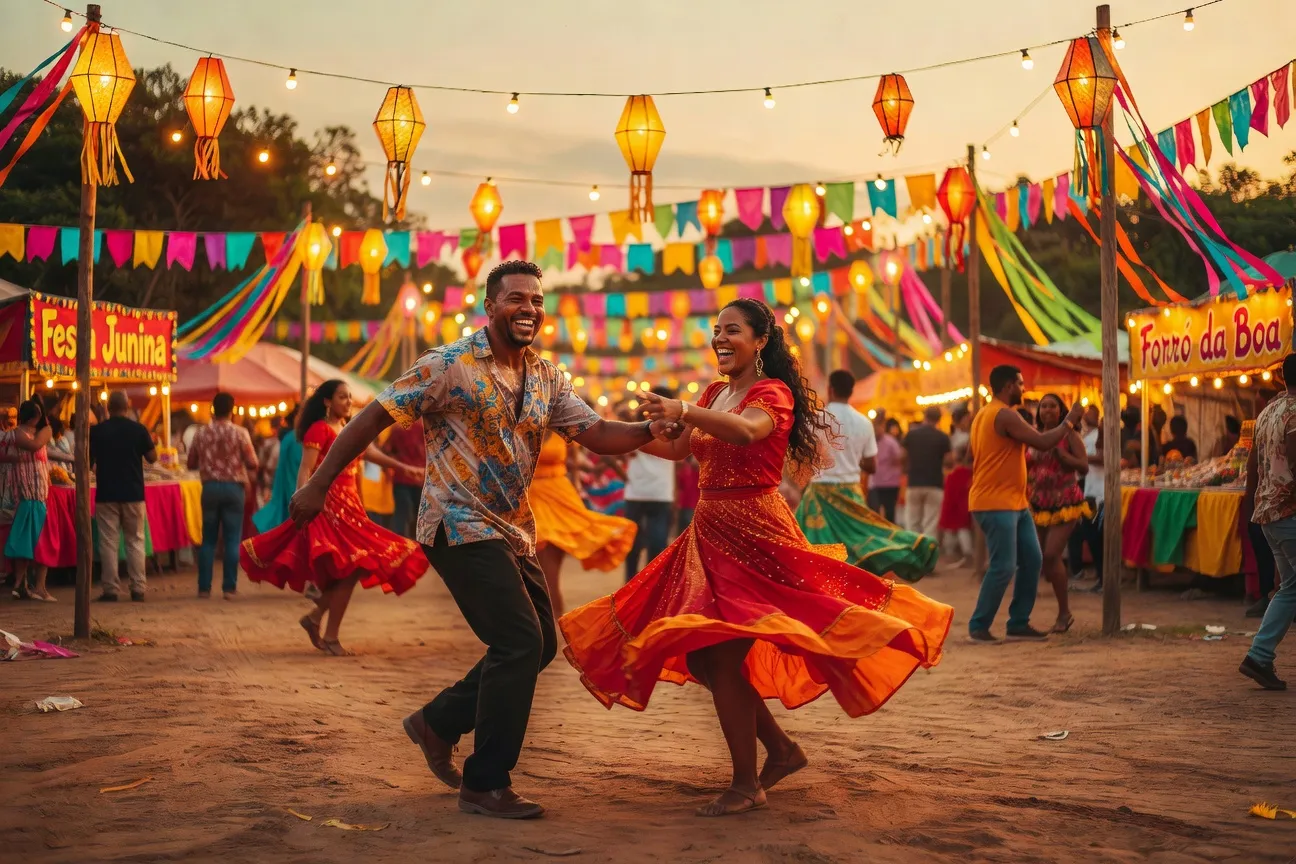 Couple dansant le forró dans une ambiance festive brésilienne, couleurs chaudes