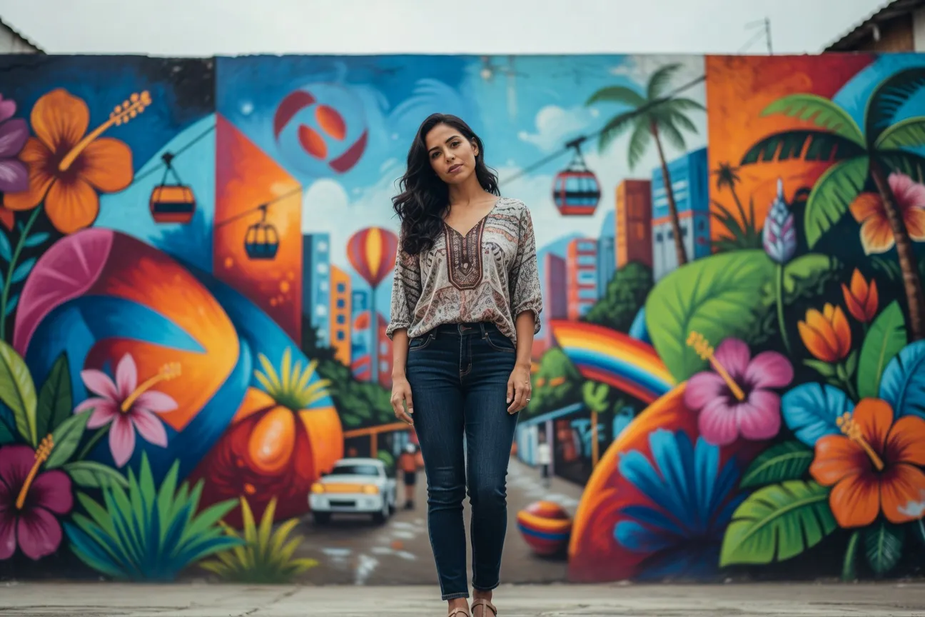 Femme colombienne devant une fresque colorée à Medellín