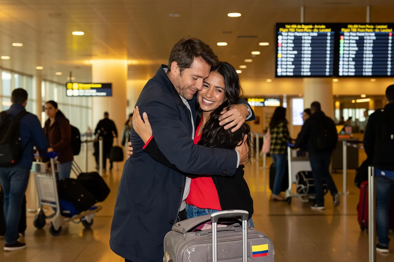 Couple franco-latin se retrouvant à l'aéroport dans une étreinte émotionnelle