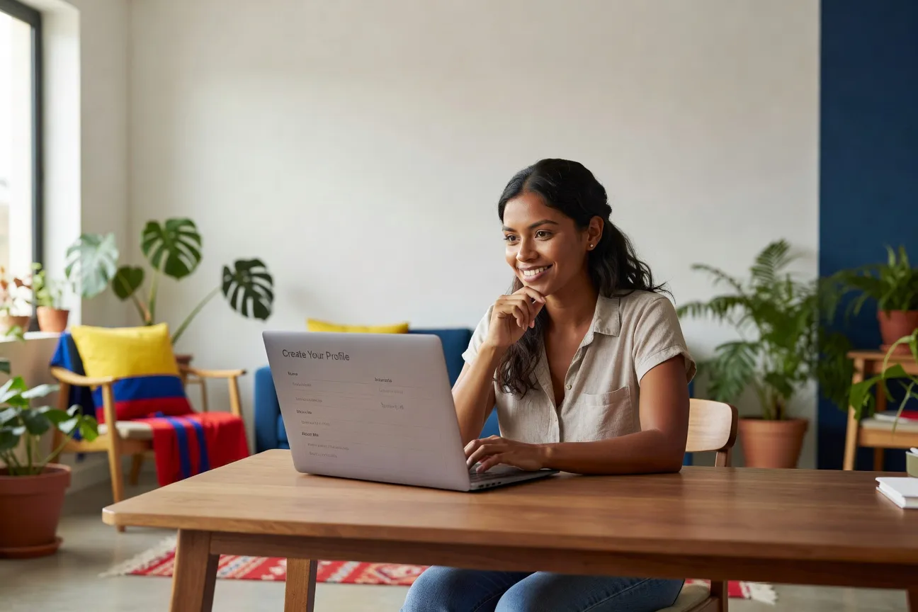 Femme latine créant son profil sur un site de rencontre depuis son ordinateur portable