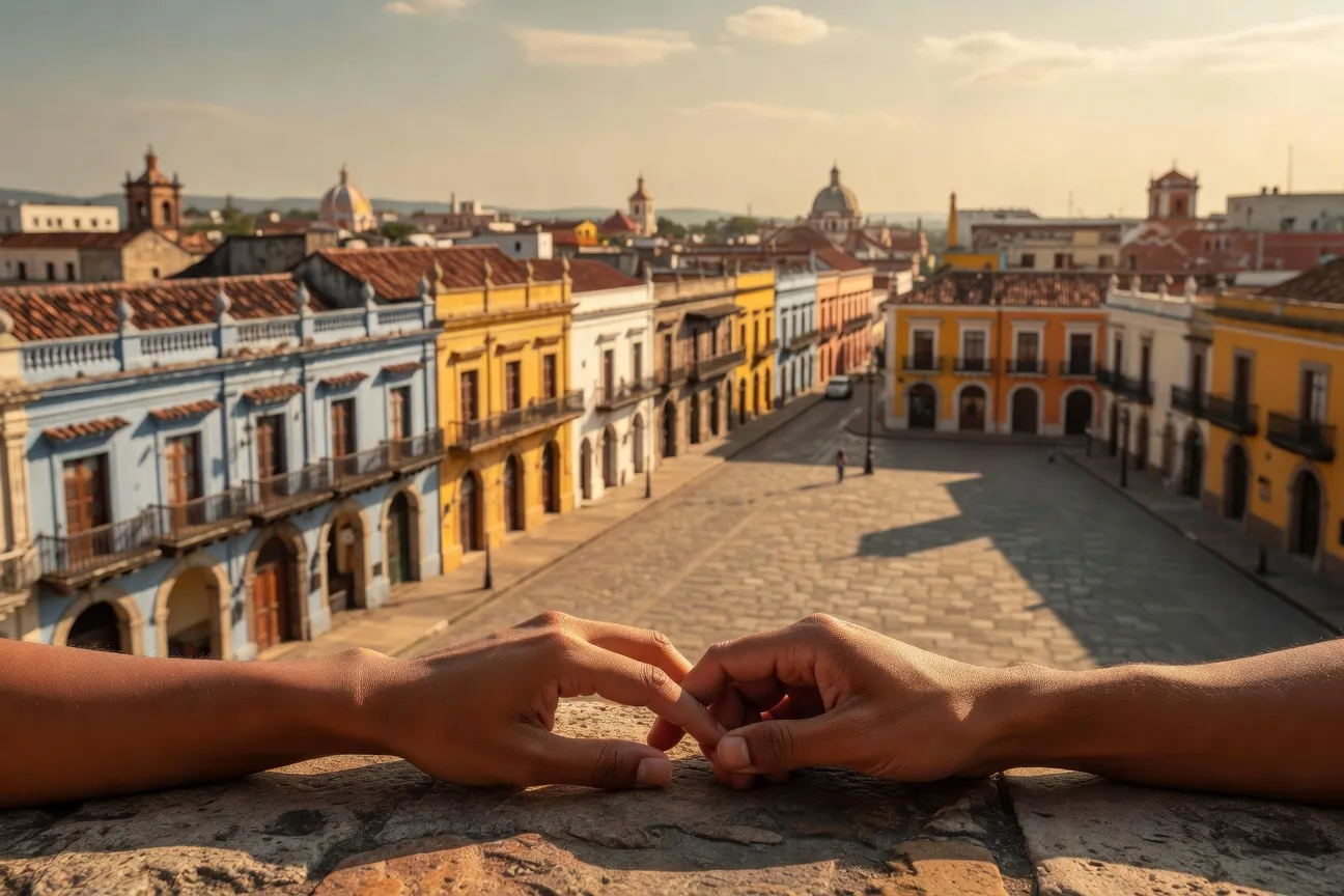 Couple interculturel se tenant la main dans une ville latino-américaine, connexion et confiance