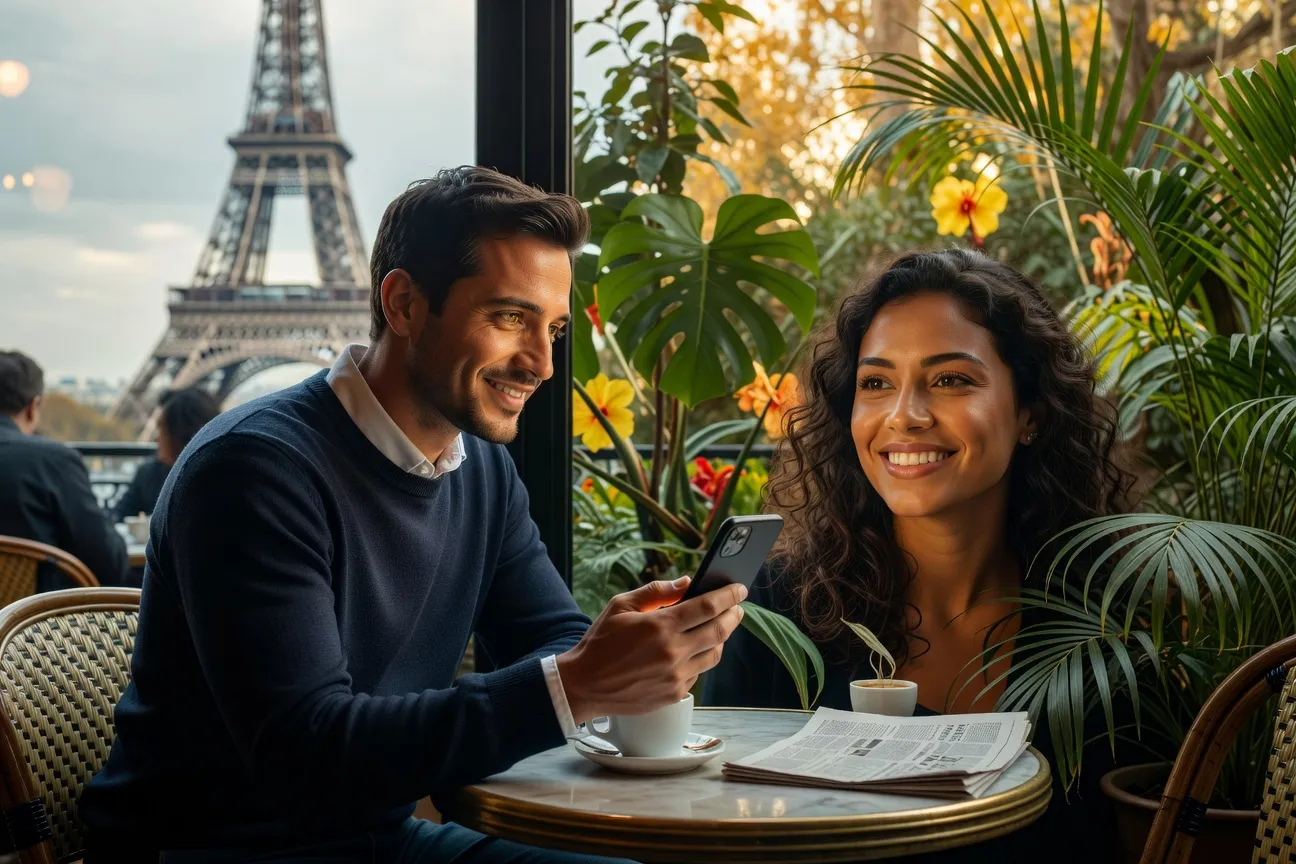 Couple franco-brésilien en appel vidéo, appartement parisien et arrière-plan tropical visible