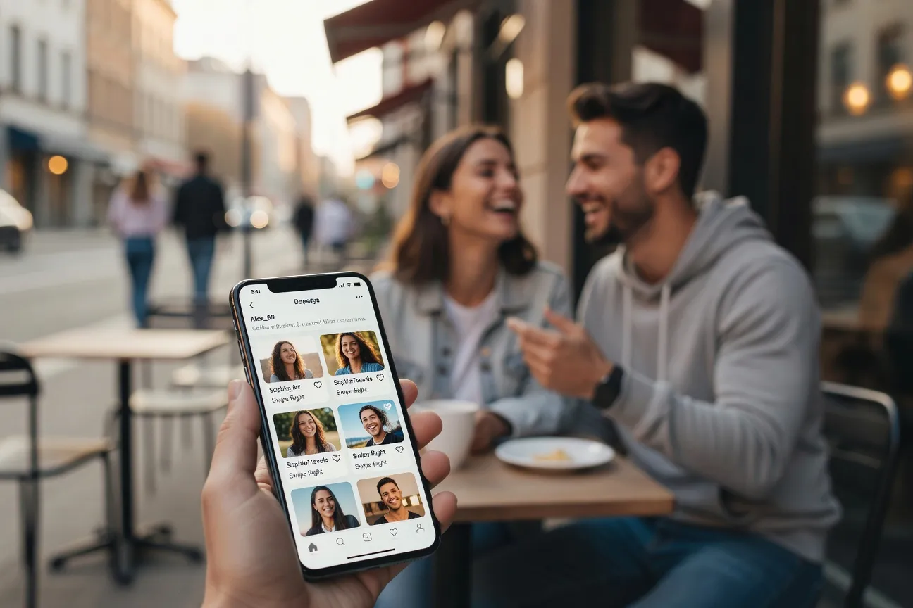 Écran de smartphone affichant l’interface LatinAmericanCupid avec couple en arrière-plan flou