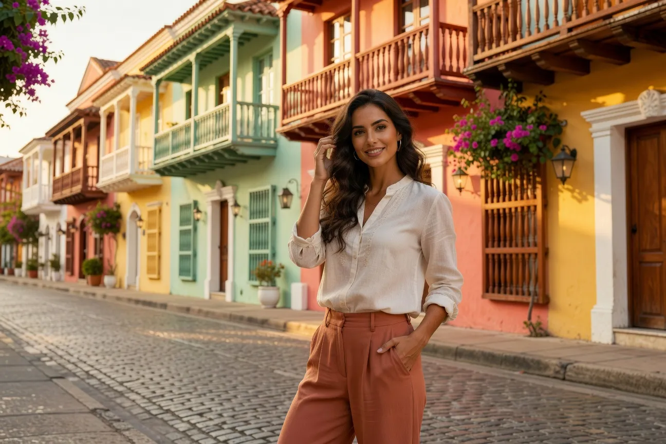 Femme colombienne authentique dans une rue colorée de Cartagena, photo de profil lifestyle