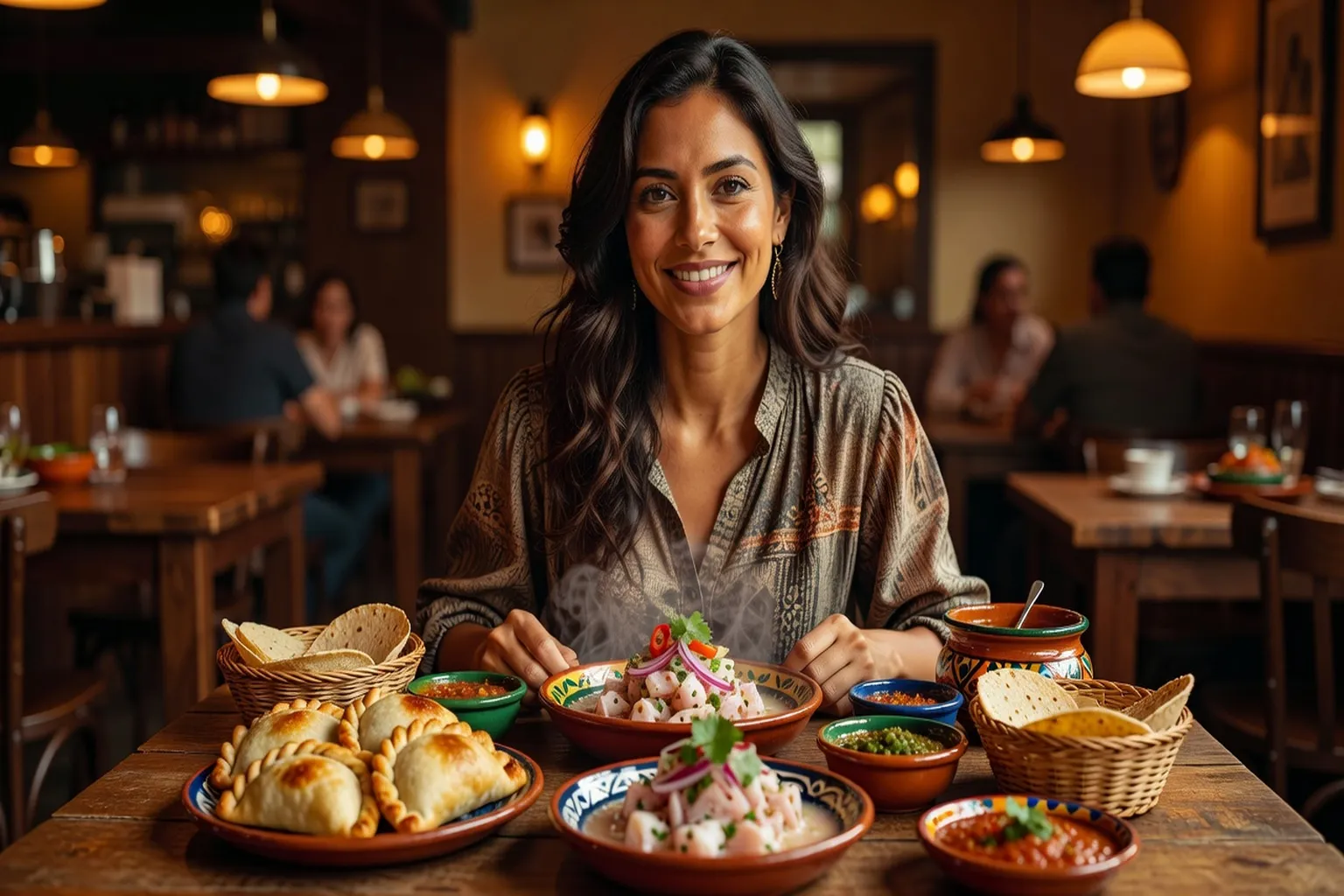 Femme latina souriante entourée de mets et de couleurs traditionnelles d'Amérique latine