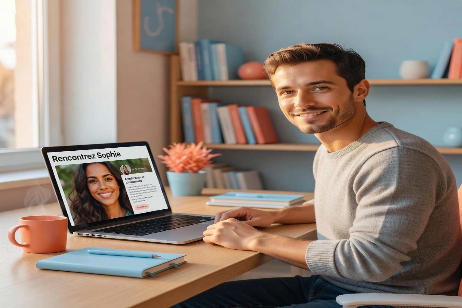 Homme français utilisant BrazilCupid sur son ordinateur pour échanger avec une femme brésilienne