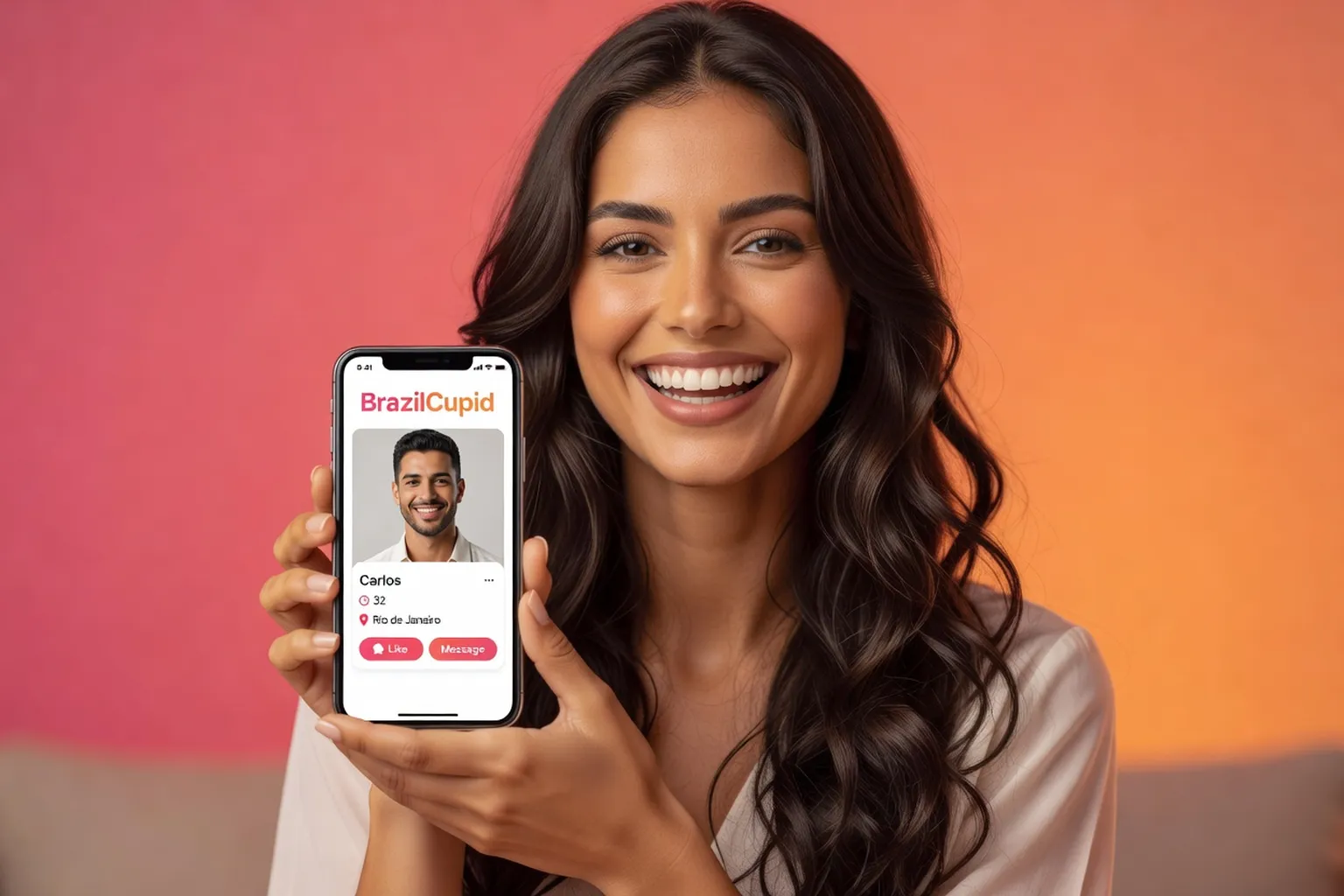 Femme bresilienne souriante avec smartphone affichant l'application BrazilCupid