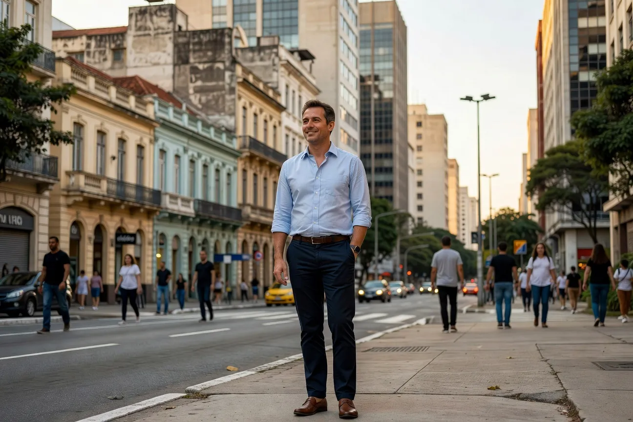 Homme français d'une quarantaine d'années dans les rues de São Paulo, portrait en extérieur