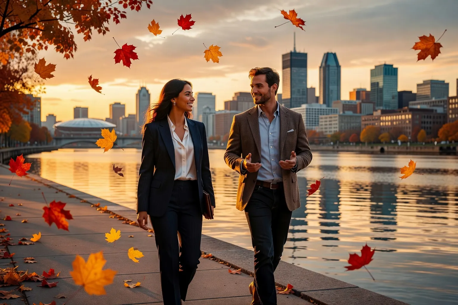Femme colombienne et Québécois marchant ensemble dans le Vieux-Montréal à l'automne