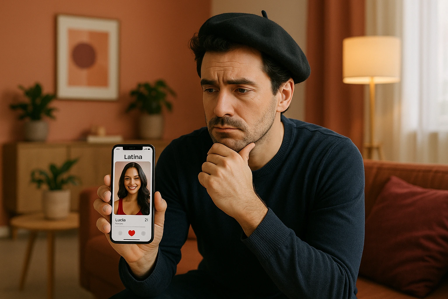 Homme français consultant Latina Cupid alias LatinAmericanCupid sur son téléphone