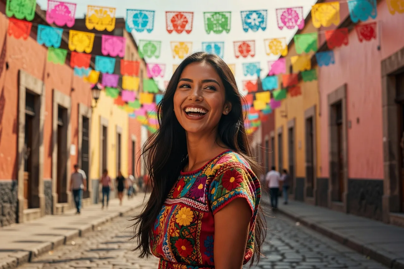 Femme mexicaine souriante devant un decor colore a Mexico City
