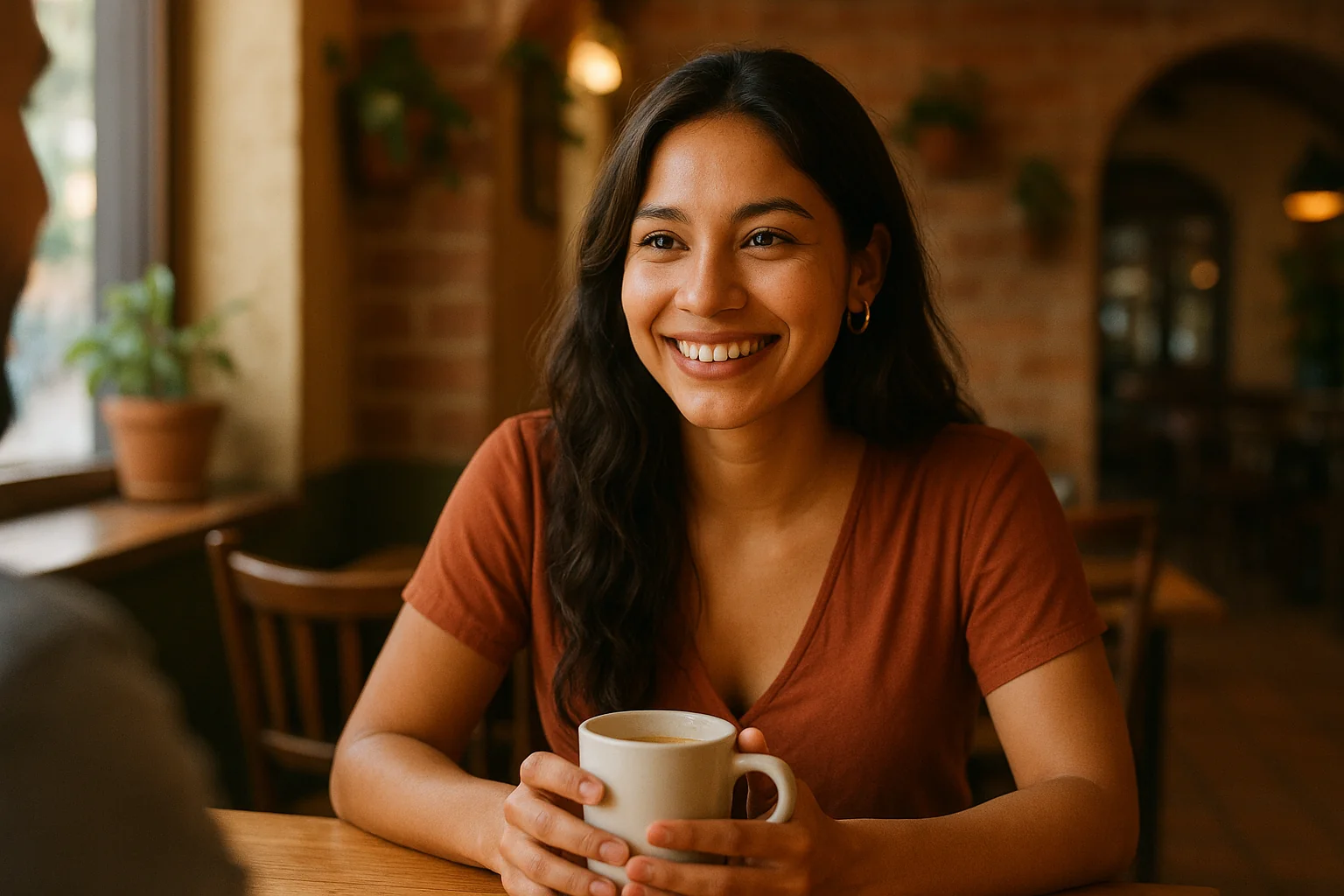 Couple mixte occidental et femme latine lors d’un premier rendez-vous dans un café chaleureux
