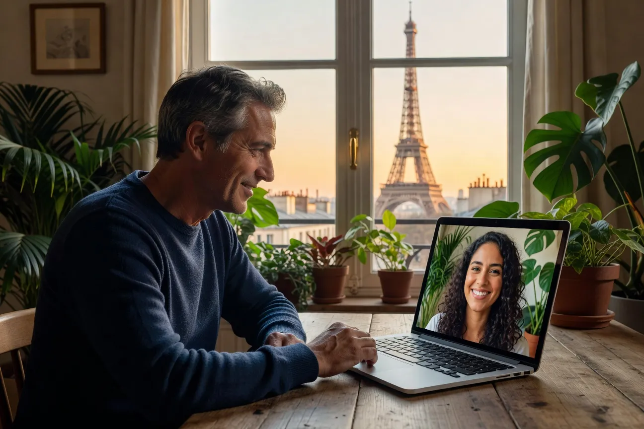 Homme français en vidéoconférence avec sa compagne d'Amérique Latine, Paris et tropiques visibles à l'écran