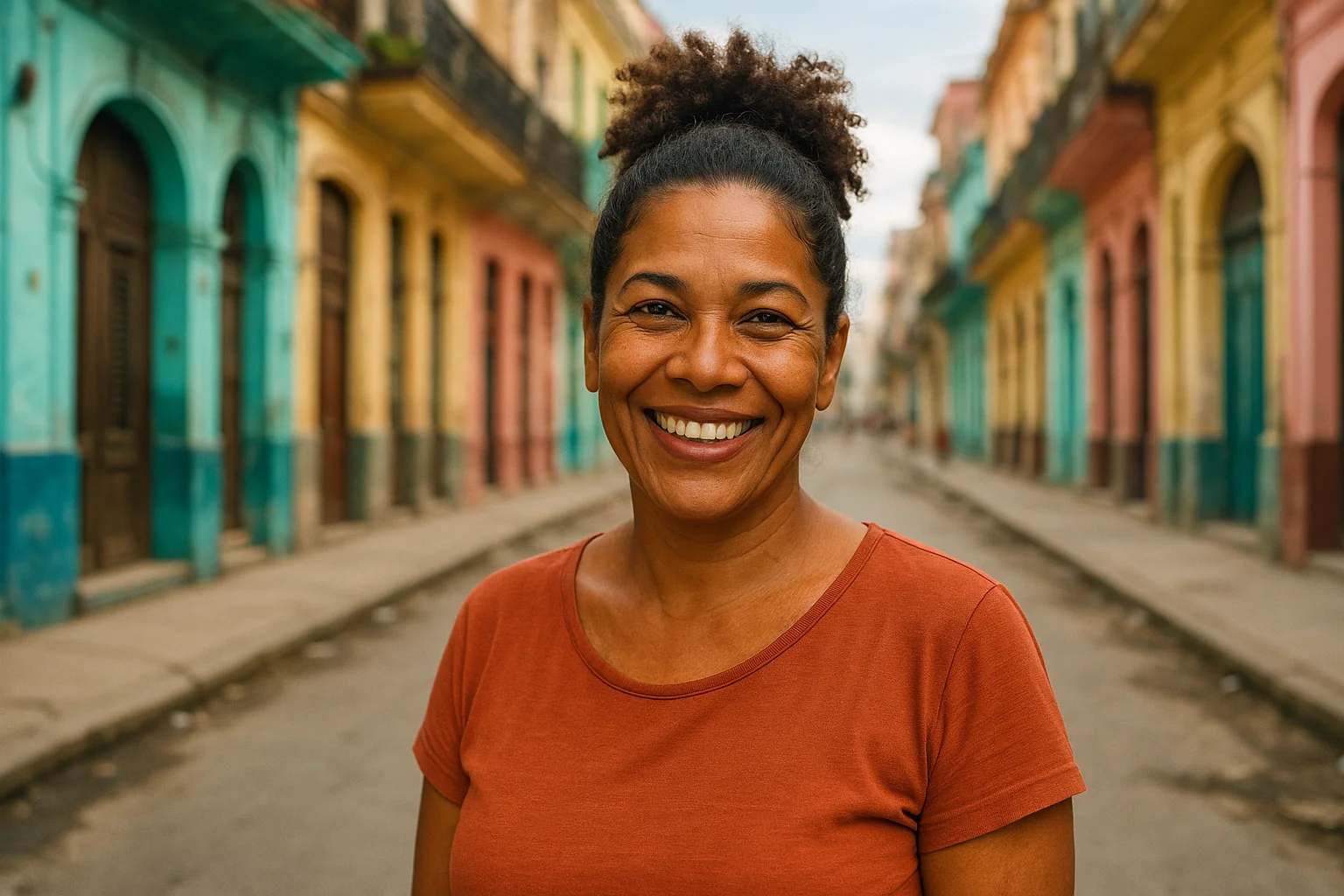Femme cubaine souriante dans une rue colorée de La Havane avec architecture coloniale