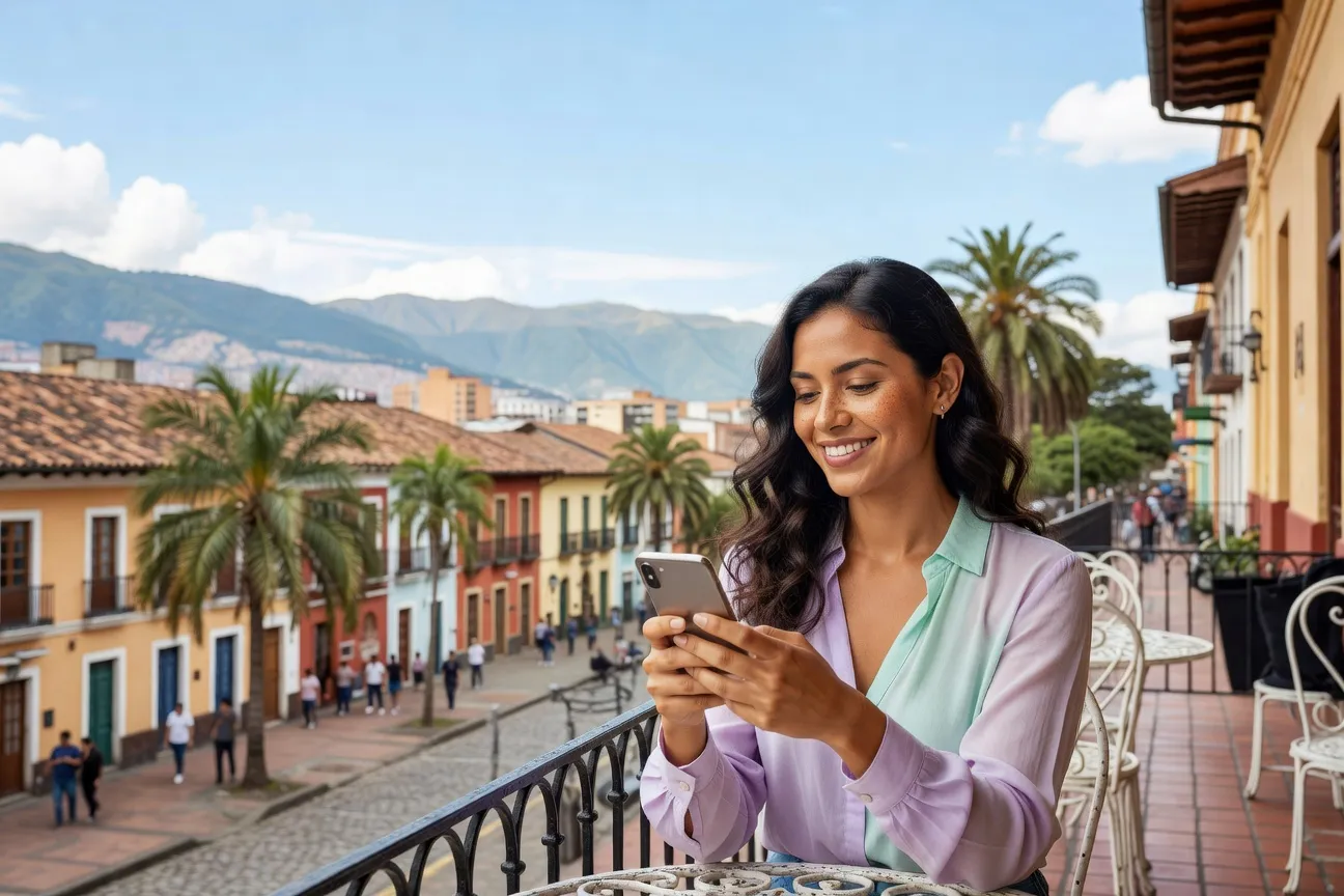 Femme latine souriante sur son smartphone dans un café à Medellín