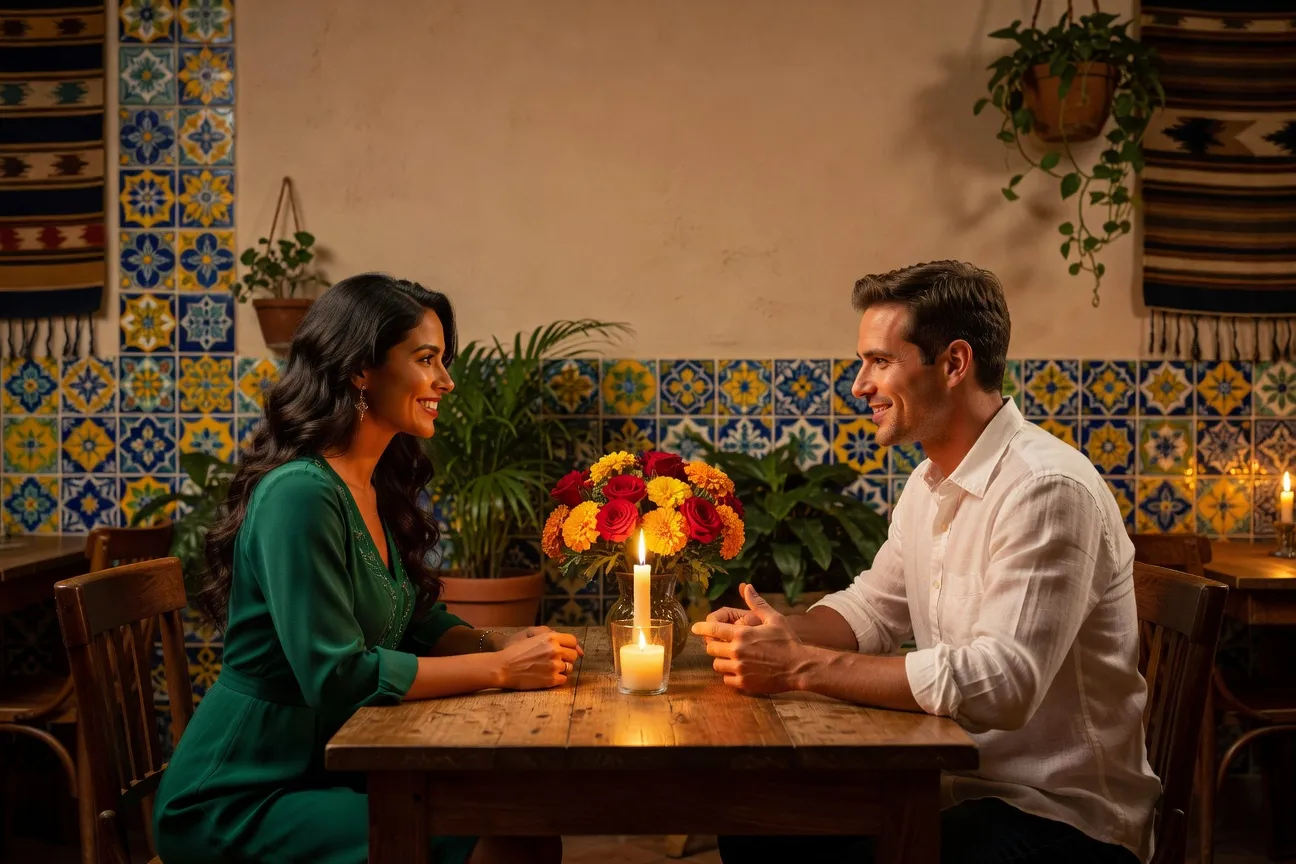 Couple interculturel français-latine au premier rendez-vous dans un restaurant à décor latino