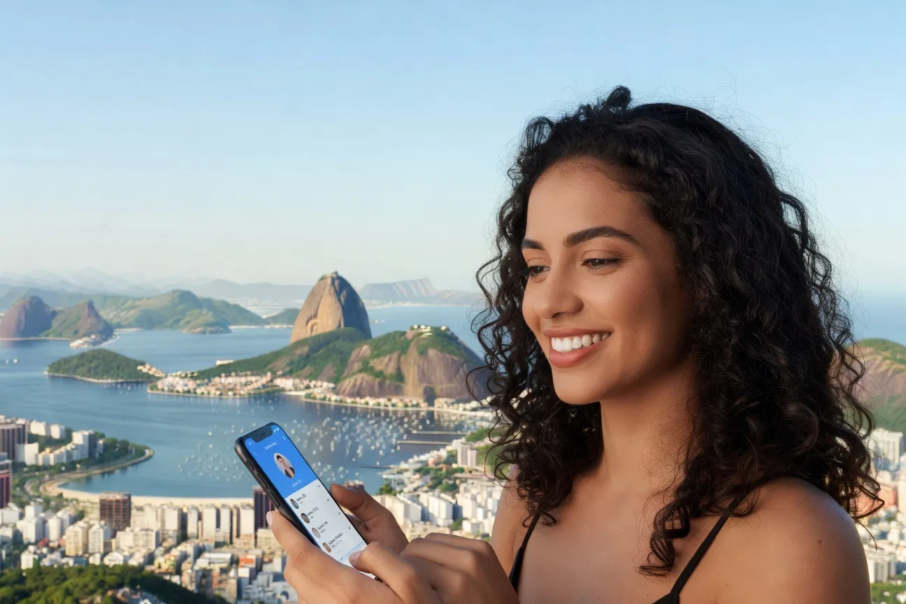 Femme brésilienne souriante naviguant sur une application de rencontre, Rio de Janeiro en arrière-plan