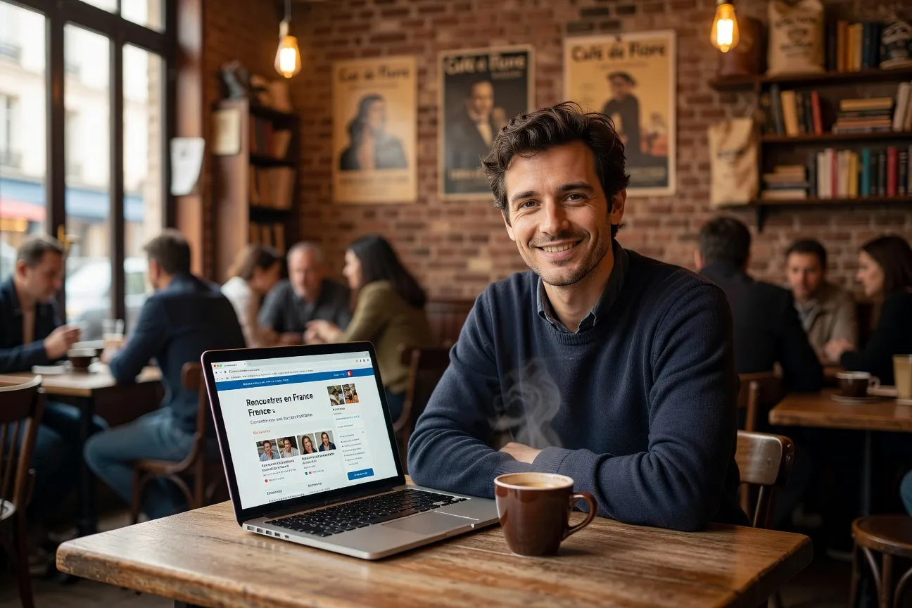 Homme français de 38 ans souriant devant son ordinateur portable dans un café