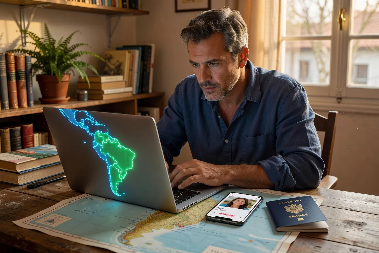 Homme français utilisant Tinder Passport avec une carte d'Amérique du Sud visible à l'écran
