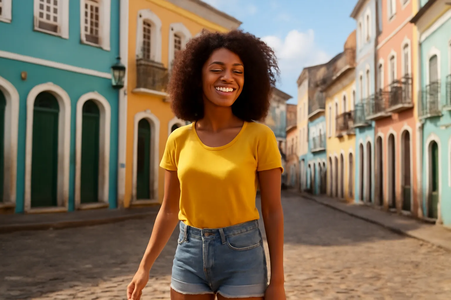 Femme bresilienne souriante dans une rue coloree