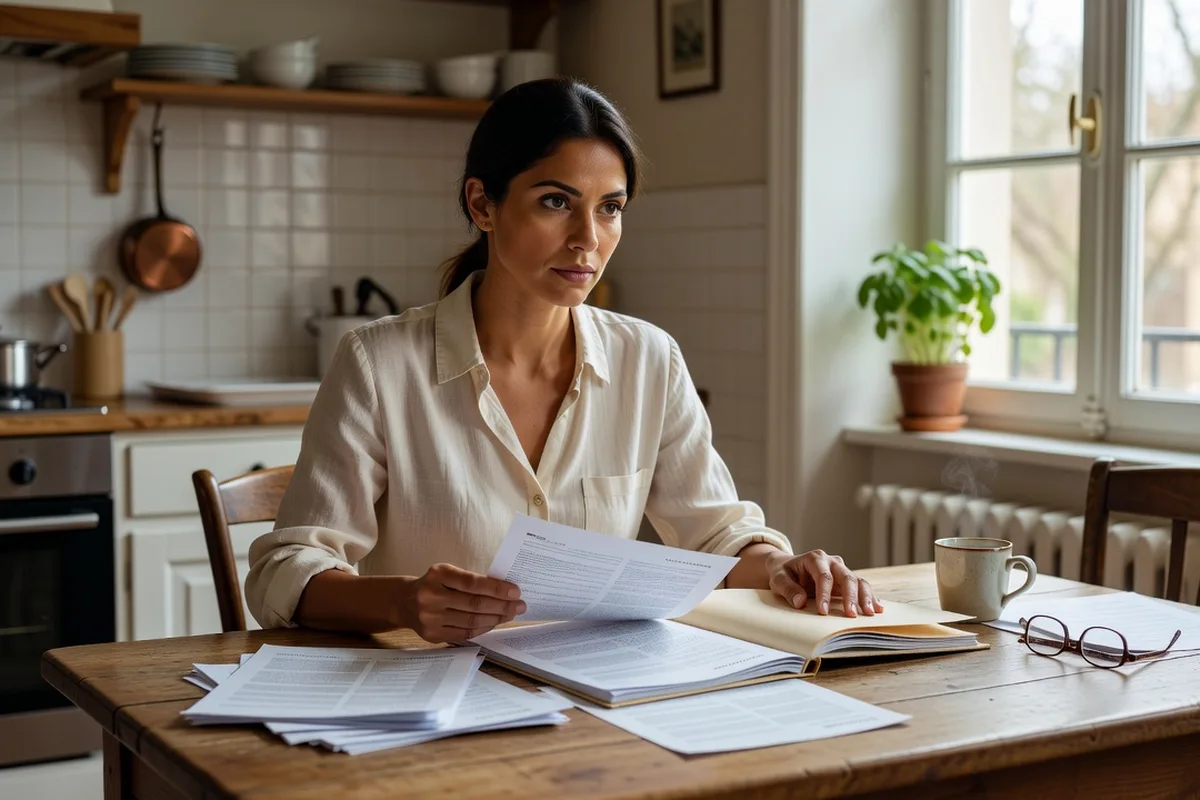 Femme latino-américaine consultant des documents administratifs français à une table de cuisine