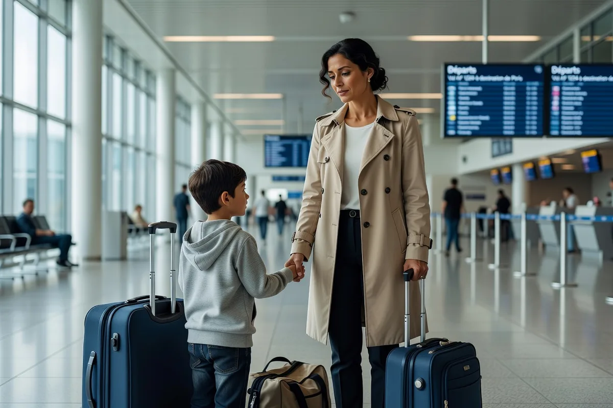 Mère latino-américaine tenant la main de son jeune enfant devant un aéroport, ambiance de séparation