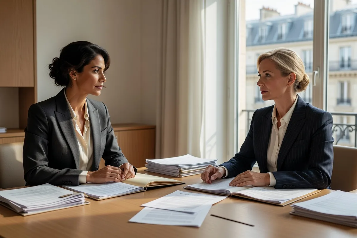 Femme latino-américaine élégante en rendez-vous avec un avocat dans un bureau lumineux