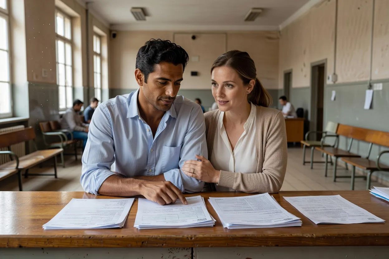 Couple mixte consultant des documents juridiques et un dossier de titre de séjour